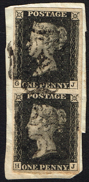 Great Britain. 1840 1d black vertical pair, single and 2d blue, used on pieces. at Whyte's Auctions