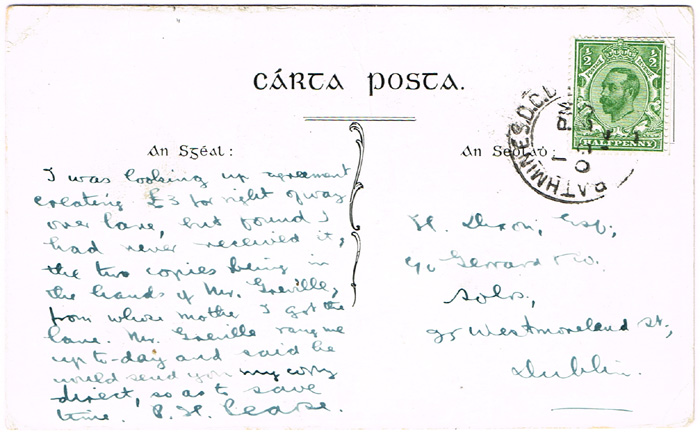 Circa 1912, Postcard from Padraig Pearse. at Whyte's Auctions