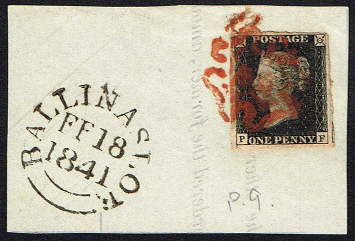 Great Britain used in Ireland: collection of 1840 Penny Blacks on large pieces with Irish postmarks. at Whyte's Auctions