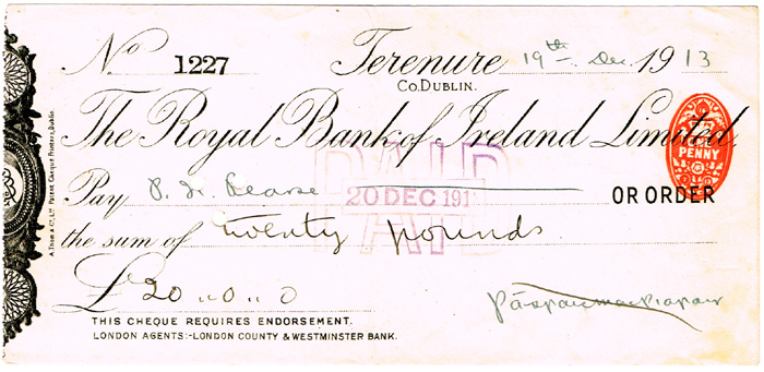 1913 (December 19) Padraig Pearse signed cheque. at Whyte's Auctions