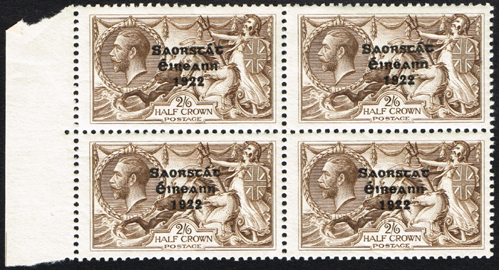 Ireland. Free State overprint by government printer - Wide Date 2s6d with 'missing accent' variety. at Whyte's Auctions