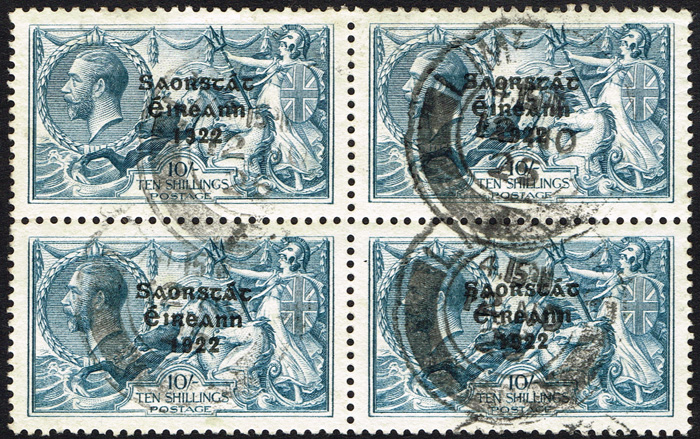 Ireland. 1925 Free State overprint by government printer - Narrow Date ten shillings used block of 4. at Whyte's Auctions