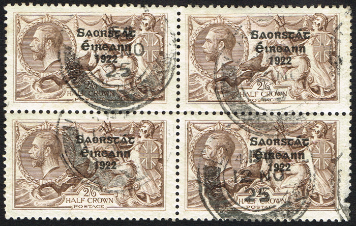 Ireland. 1925 Free State overprint by government printer - Narrow Date 2s6d used block of 4. at Whyte's Auctions
