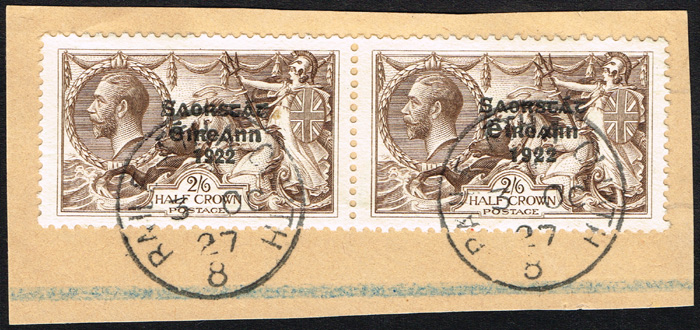 Ireland. 1927 Free State overprint by government printer - Wide and Narrow Date se-tenant pairs used on piece. at Whyte's Auctions