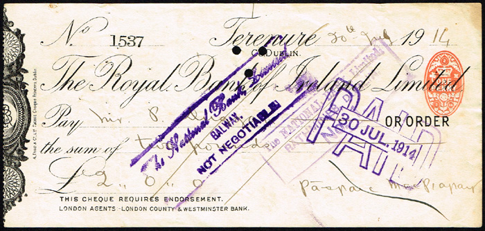 1914 (July 20) Padraig Pearse signed cheque. at Whyte's Auctions