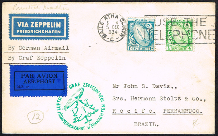 Ireland. 1934 covers by German airmail to Brazil and Gambia including Zeppelin flights. at Whyte's Auctions