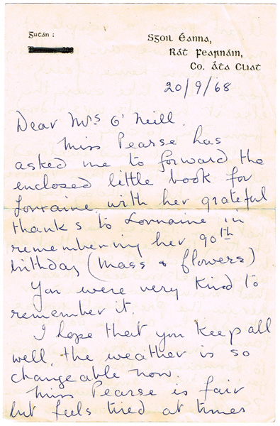 1968 (September 16) Margaret Pearse letter and signed book. at Whyte's Auctions