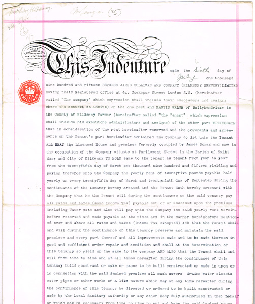 1915 (July 6) Kilkenny Brewery Indenture. at Whyte's Auctions