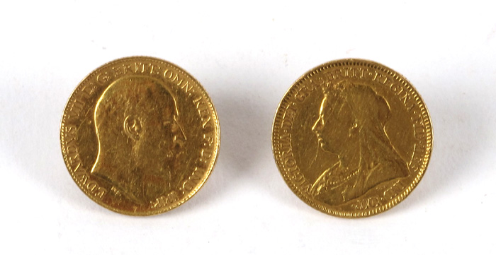 Victoria and Edward VII gold half sovereign earstuds. at Whyte's Auctions