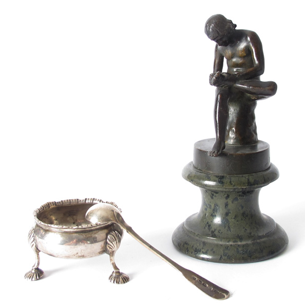1760 a Georgian silver salt and a bronze figure of a youth. at Whyte's Auctions