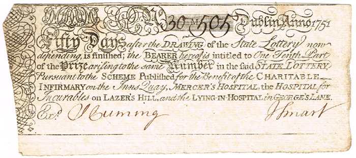 1751 Lottery Ticket for State Lottery in support of Dublin Hospitals at Whyte's Auctions
