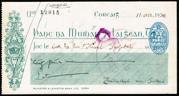 1920 (August 11) Terence MacSwiney signed cheque. at Whyte's Auctions