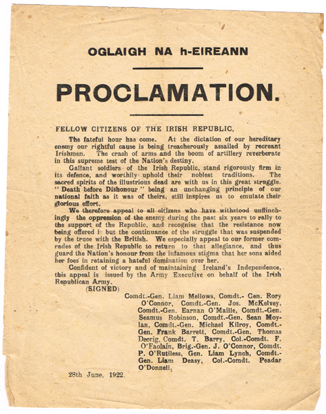 28 June 1922, Oglaigh na hireann, Proclamation - the start of the Civil War. at Whyte's Auctions