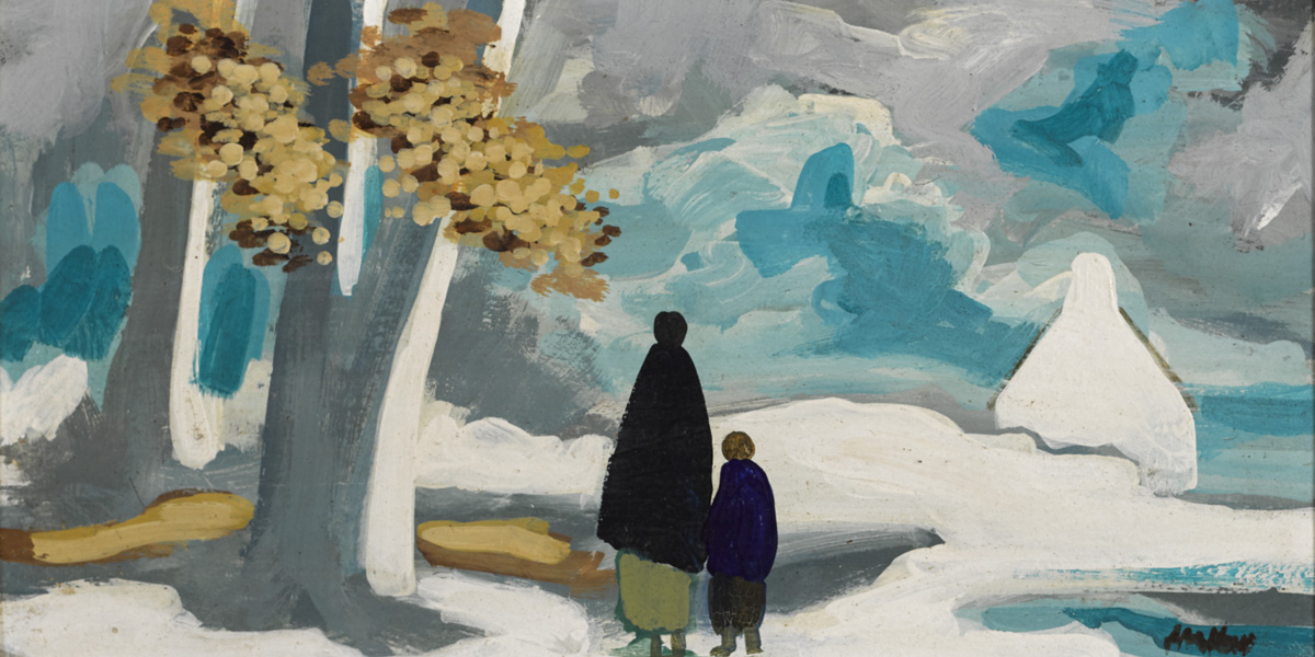 TWO SHAWLIES IN A BLUE LANDSCAPE and TWO SHAWLIES GATHERING KINDLING (A PAIR) by Markey Robinson (1918-1999) at Whyte's Auctions