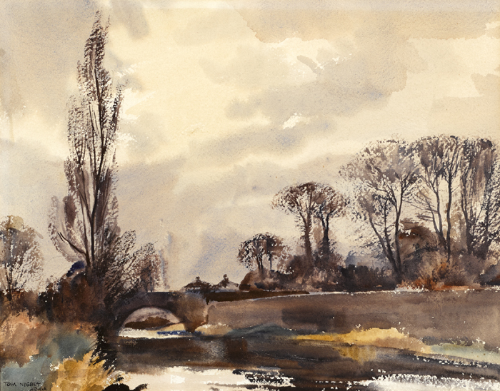 LANDSCAPE WITH RIVER AND BRIDGE by Tom Nisbet RHA (1909-2001) at Whyte's Auctions