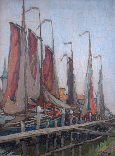 SUMMER, THE BOATS IN HARBOUR AT VOLENDAM, HOLLAND by Georgina Moutray Kyle sold for �400 at Whyte's Auctions