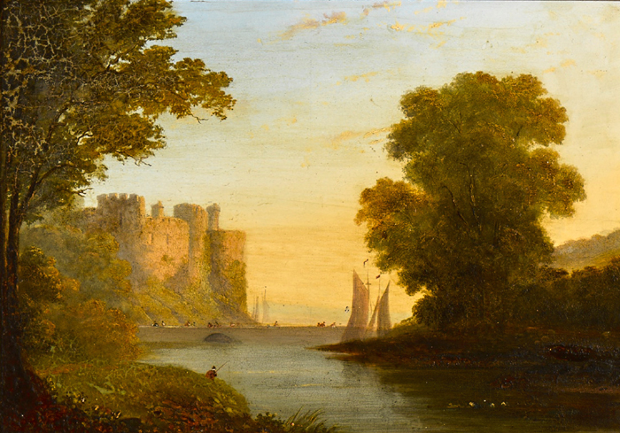 COASTAL SCENE WITH CASTLE AND SAIL BOATS at Whyte's Auctions