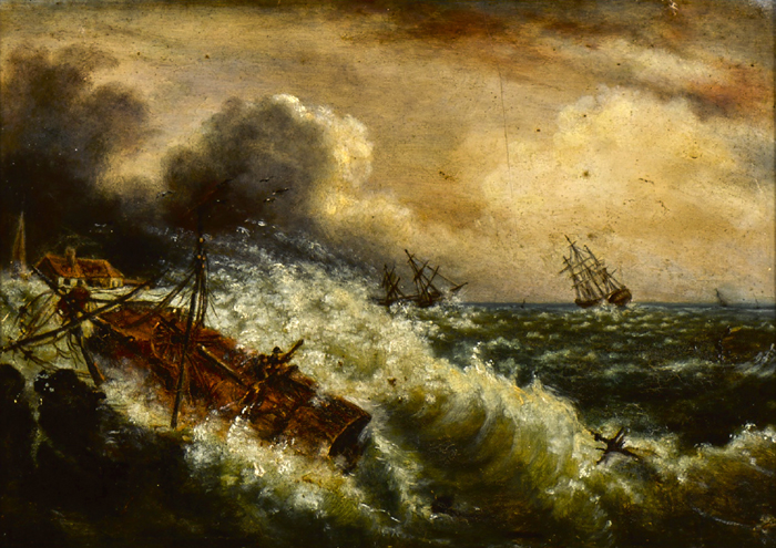 FLEET OF SHIPS WRECKING OFF A COASTLINE at Whyte's Auctions