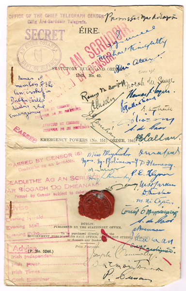 1942-1946 Censor's Office Dublin Castle, signatures of censors. at Whyte's Auctions
