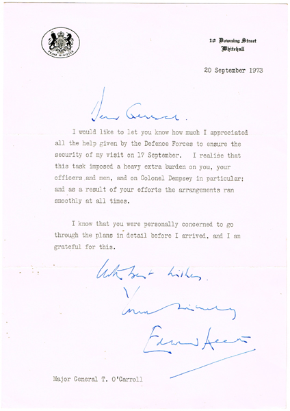 1973 (September 20) Signed letter from Edward Heath to Major General Thomas O'Carroll, Chief of Staff, Irish Army. at Whyte's Auctions