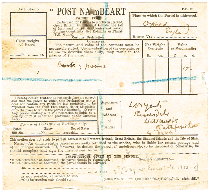 1930s William Butler Yeats, signed Parcel Post declaration. at Whyte's Auctions