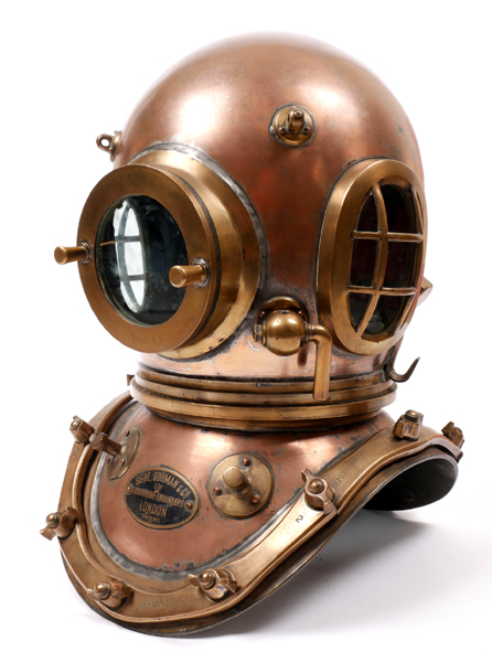 A Siebe Gorman twelve-bolt copper and brass diving helmet. at Whyte's Auctions