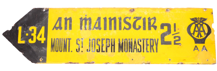 1950s Automobile Association yellow enamel roadsign for Mount St. Joseph Monastery.
 at Whyte's Auctions