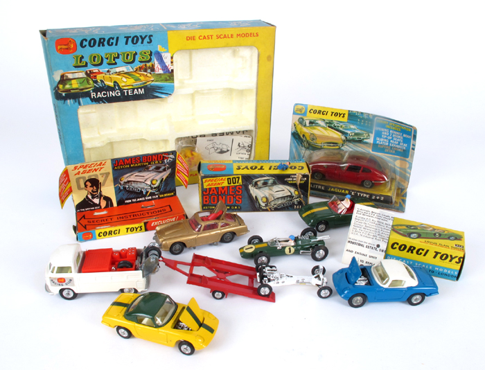 Corgi Toys James Bond Aston Martin, Jaguar E-Type, Lotus Elan and the Lotus Racing Team gift set. at Whyte's Auctions