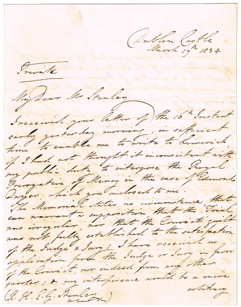 1834 (March 19) Letter from Richard Wellesley, 1st Marquess Wellesley, Lord Lieutenant of Ireland rejecting a plea for mercy. at Whyte's Auctions