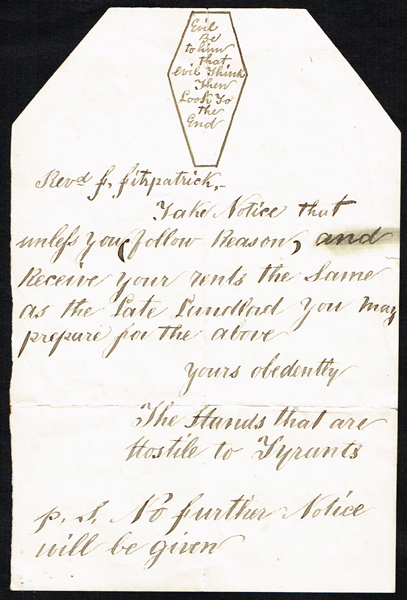 1846-1847 Famine Period anonymous death threat to clergyman in Carrickmacross. at Whyte's Auctions