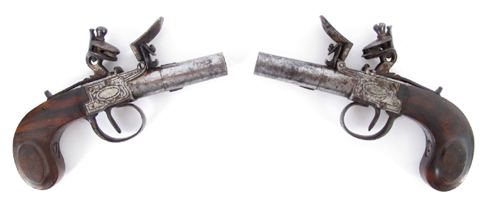 Circa 1815 Pair of English flintlock muff pistols at Whyte's Auctions
