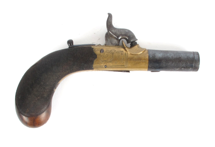 Circa 1830 Brass-lock percussion boot pistol, by Williams and Powell, Liverpool. at Whyte's Auctions