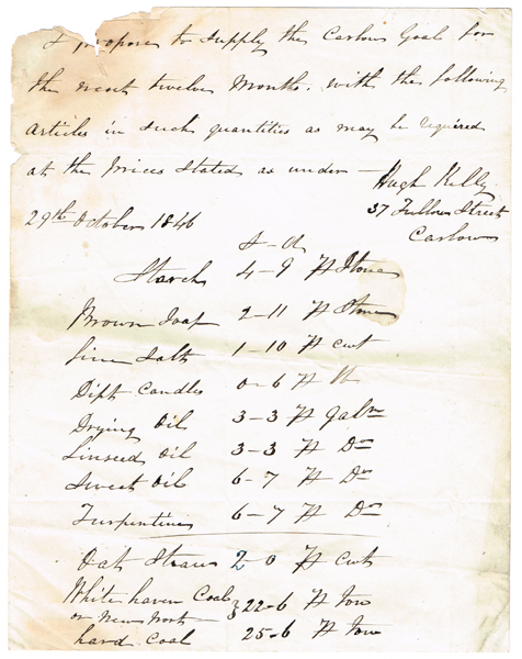 1846-1847. Famine period. 10 signed documents from suppliers addressed to Carlow Jail Board of Superintendence at Whyte's Auctions