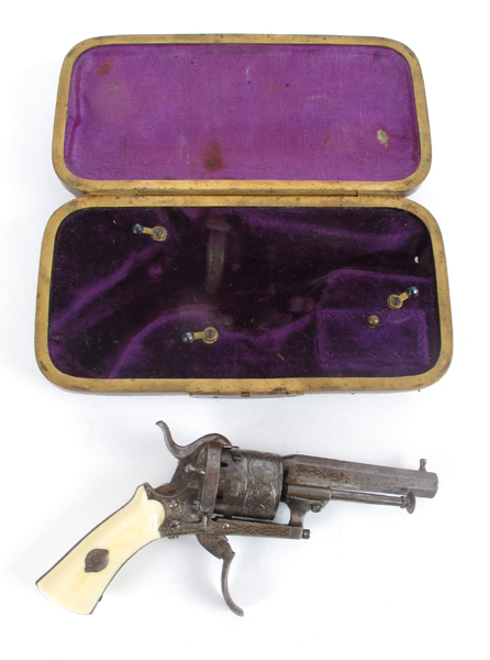 1890s Miniature French pin-fire revolver, in fitted two-compartment case. at Whyte's Auctions