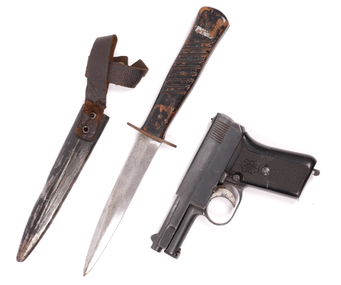 Mauser 1910 model automatic pistol and a trench knife. at Whyte's Auctions