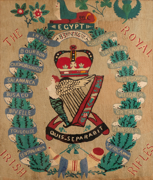 Edwardian needlework panel depicting the badge of the Royal Irish Rifles at Whyte's Auctions