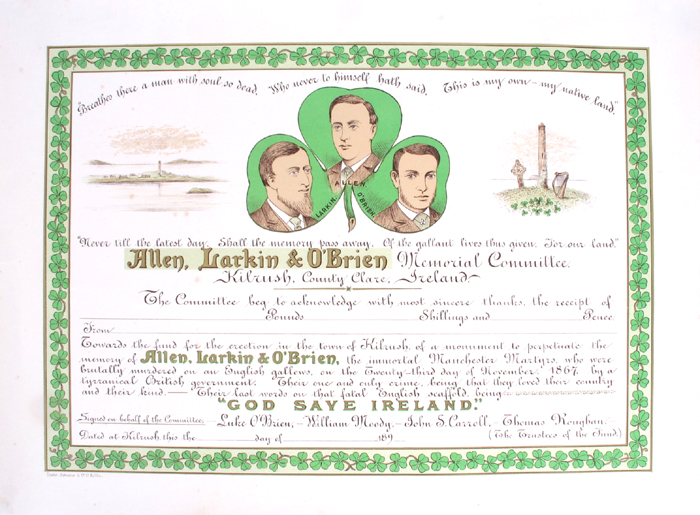 19th century nationalist ephemera, a Manchester Martyrs' Memorial certificate of subscription and eight Home Rule grocer's tea bags. at Whyte's Auctions