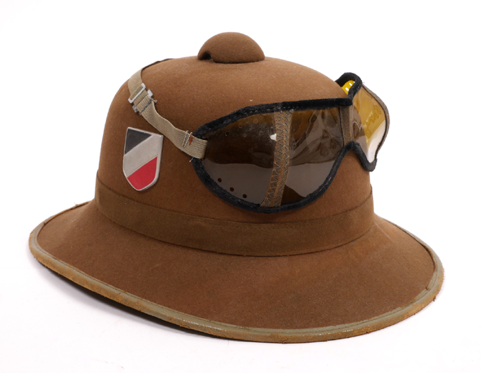 1939-1945 German Third Reich Deutsche Afrika Korps double badged pith helmet and goggles. at Whyte's Auctions