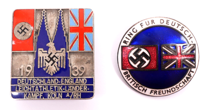 1939 German Third Reich, Germany - England Athletics Contest and friendship badges. at Whyte's Auctions