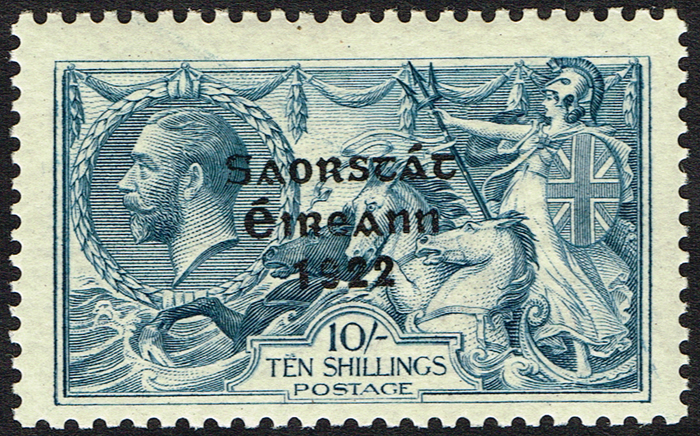 Stamps. Ireland. 1922 Thom Saorstt 3-line overprint on five shillings with Strokes Over TEN variety, at Whyte's Auctions