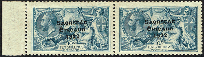Stamps. Ireland. 1922 Thom Saorstt 3-line overprint on ten shillings mint pair including Missing Accent error. at Whyte's Auctions