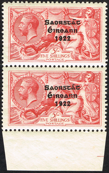 Stamps. Ireland. 1927-28 Government Saorstt 3-line overprint halfcrown to ten shillings set in pairs including flat accent variety at Whyte's Auctions