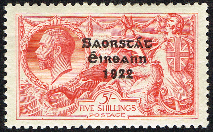 Stamps. Ireland. Government Saorstt 3-line overprint on five shillings with Inverted "T" variety. at Whyte's Auctions