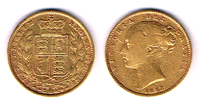 GB Victoria gold sovereigns, young head, shield reverse, 1853 and 1868. at Whyte's Auctions