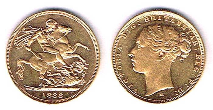 GB Victoria gold sovereign, young head, Melbourne mint mark, 1883. at Whyte's Auctions
