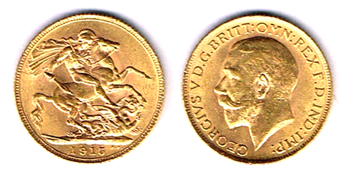 GB. George V gold sovereigns, 1911, 1912, 1913 (2), and 1915 at Whyte's Auctions