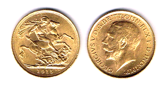 GB. George V gold sovereigns, 1911, 1912, 1913, 1915 and 1918. at Whyte's Auctions