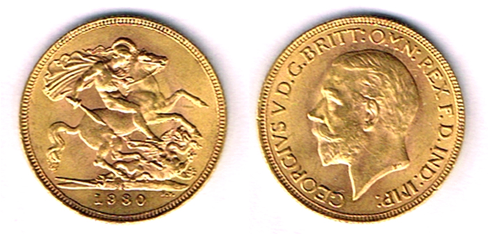 GB. George V gold sovereigns, 1925, 1927, 1928 and 1930. at Whyte's Auctions