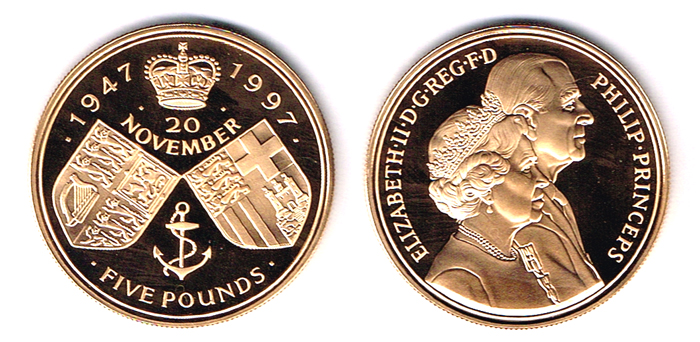 Elizabeth II gold proof five pounds 1997 Golden Wedding Anniversary. at Whyte's Auctions