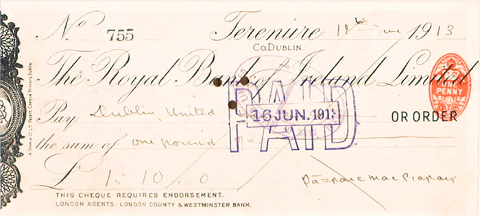 P�draig Pearse signed cheque, 1913 (June 11) payable to Dublin United Tramways. at Whyte's Auctions